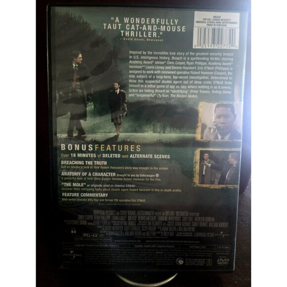 Breach DVD Full Screen Chris Cooper Ryan Phillippe Laura Linney Drama Thriller - Picture 2 of 2